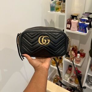 Gucci Black Chevron Crossbody Bag with Gold Accents
